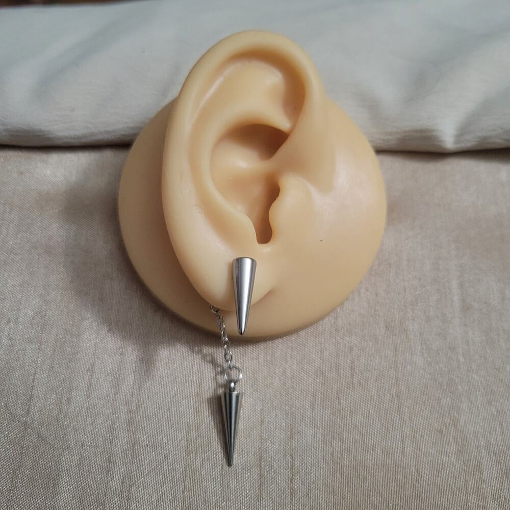 Spiked post earrings with spike chain charm